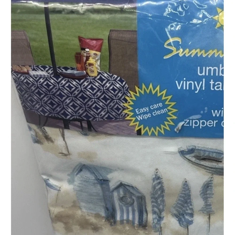 Vinyl Tablecloth Summer Fun Umbrella Zipper Closure 52x70 Oblong Beach Scene New